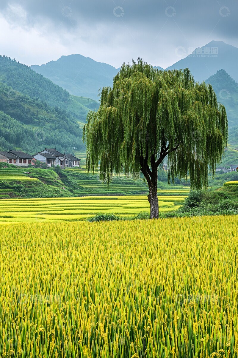 高清大图下载【趣麦麦图】稻田远山柳树1