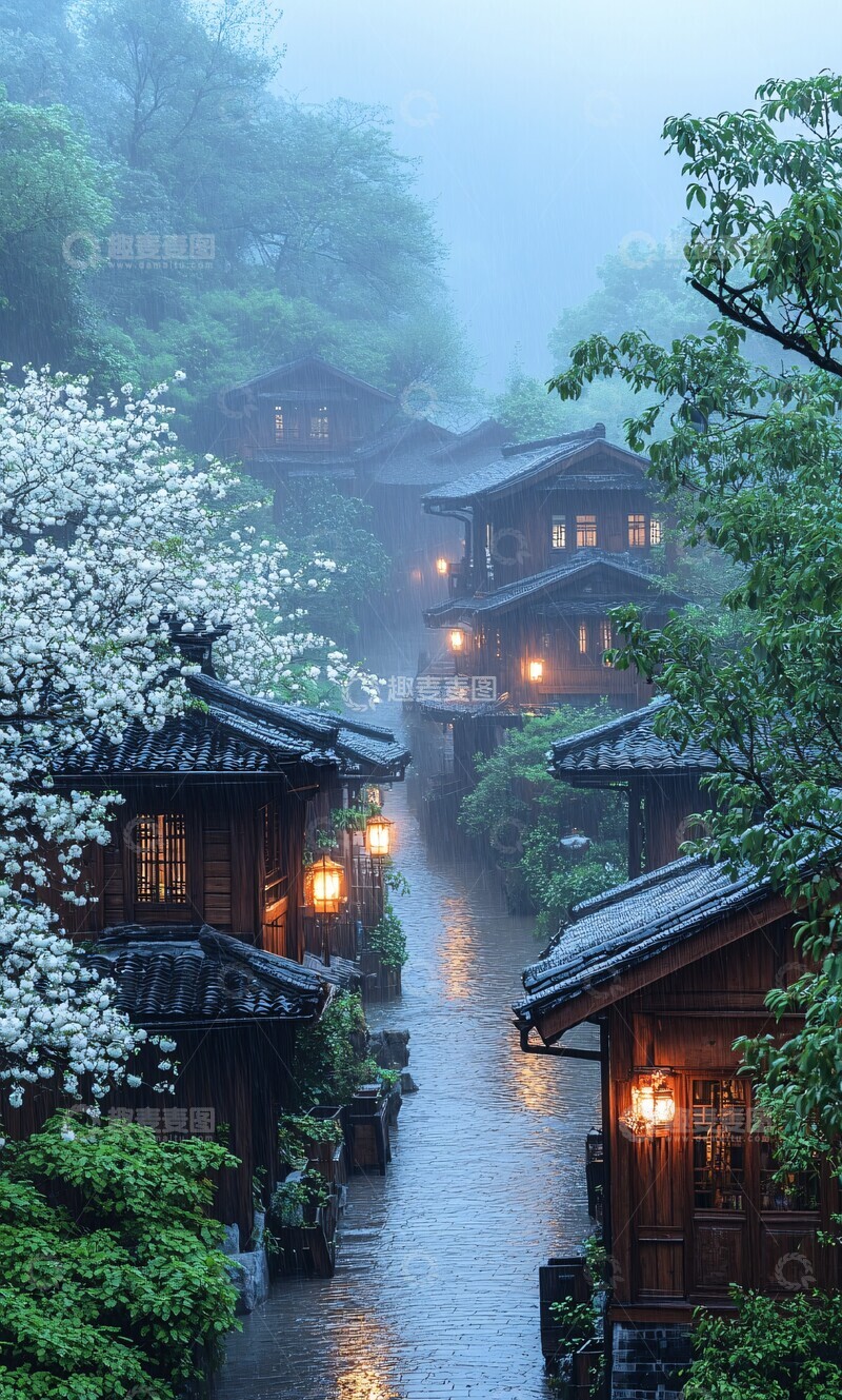 高清大图下载【趣麦麦图】-山间木屋夜雨图