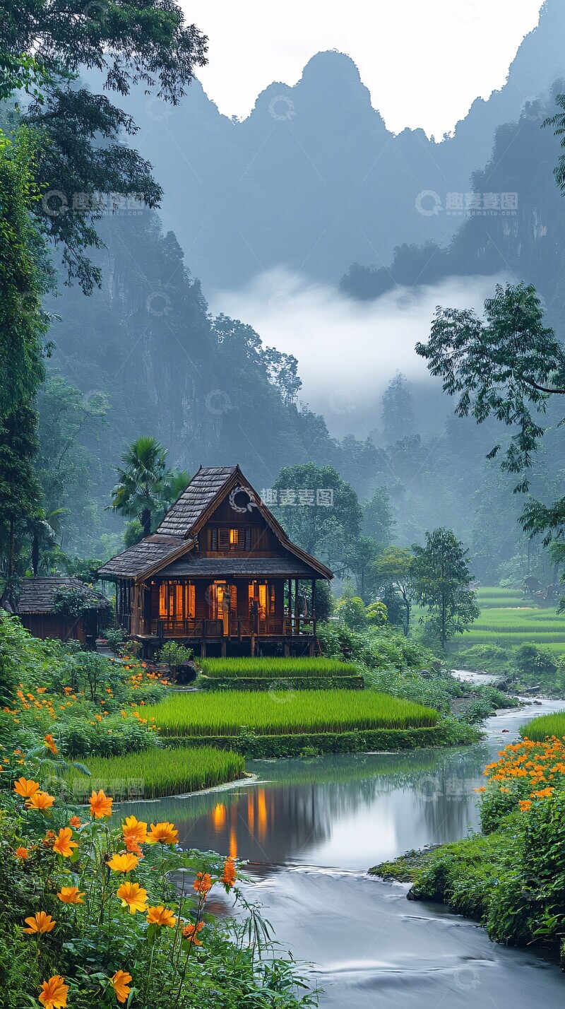 高清大图下载【趣麦麦图】青山绿水间的宁静早晨