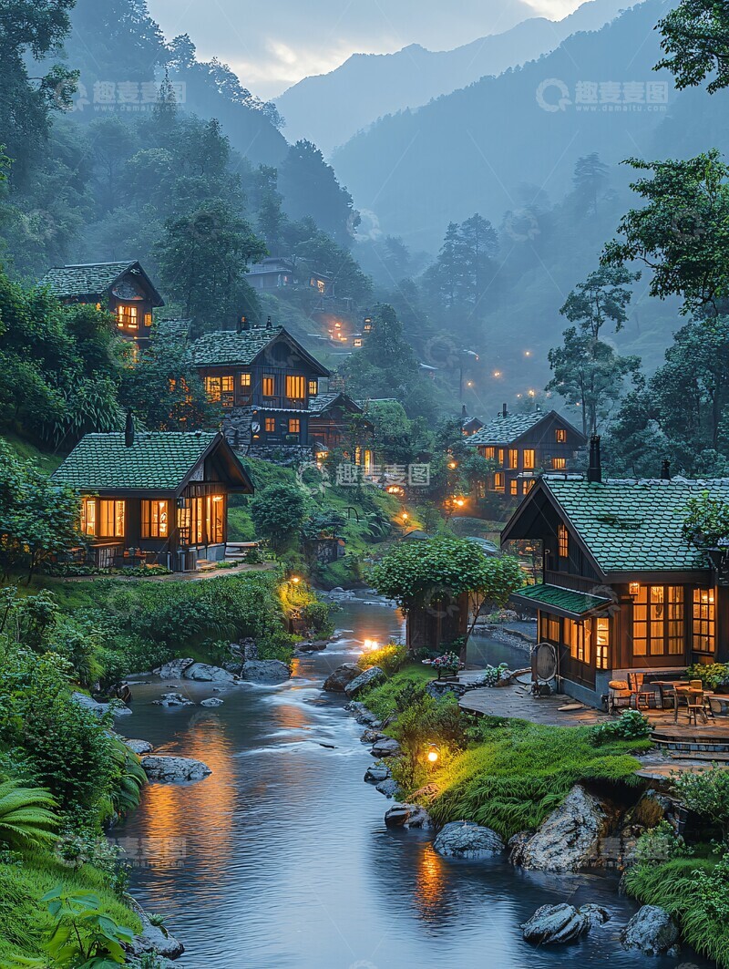 高清大图下载【趣麦麦图】山村夜色山村夜色房屋2