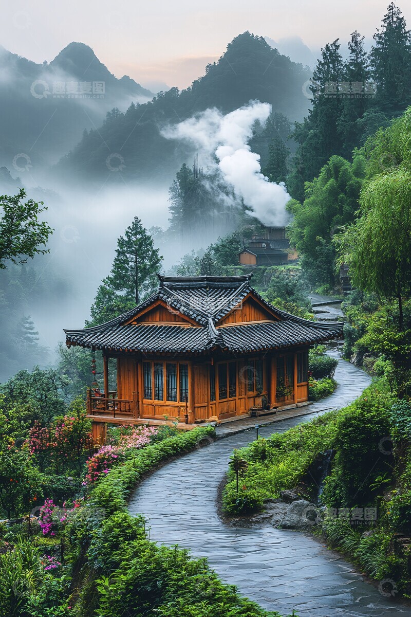 高清大图下载【趣麦麦图】别墅瀑布花园日出3