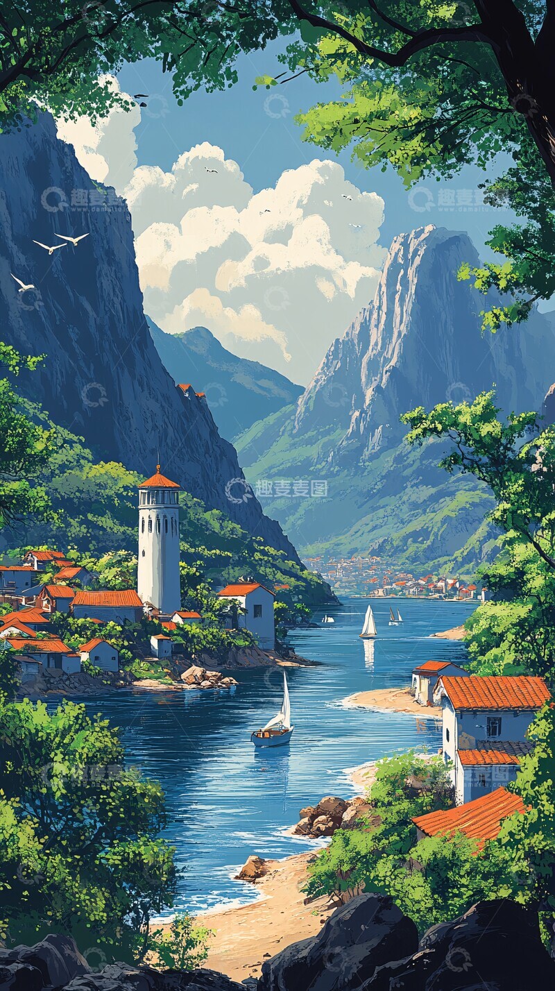 高清大图下载【趣麦麦图】风车山水乡村景