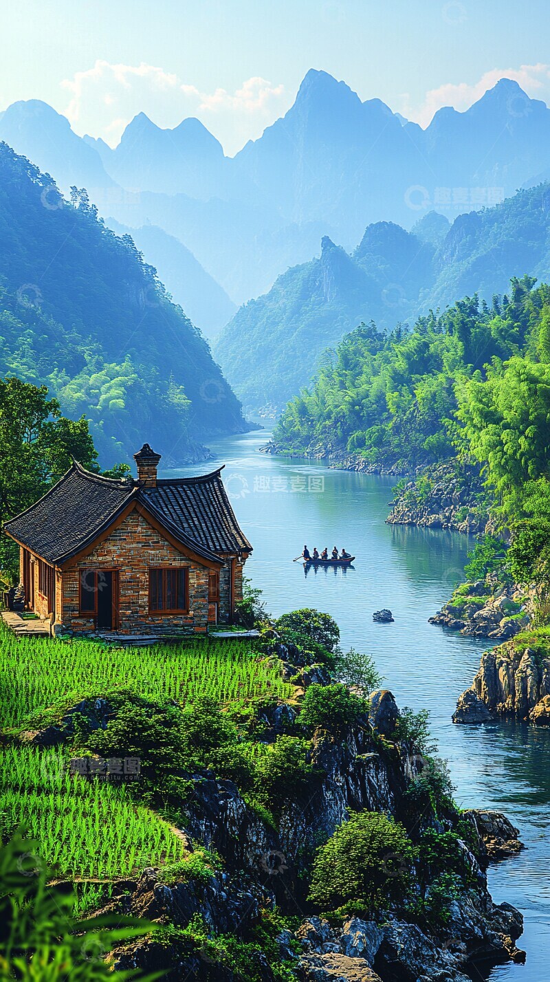 高清大图下载【趣麦麦图】稻田旁的茅屋2