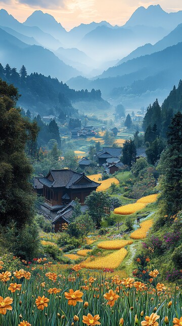 山间油菜花油菜花清晨天空