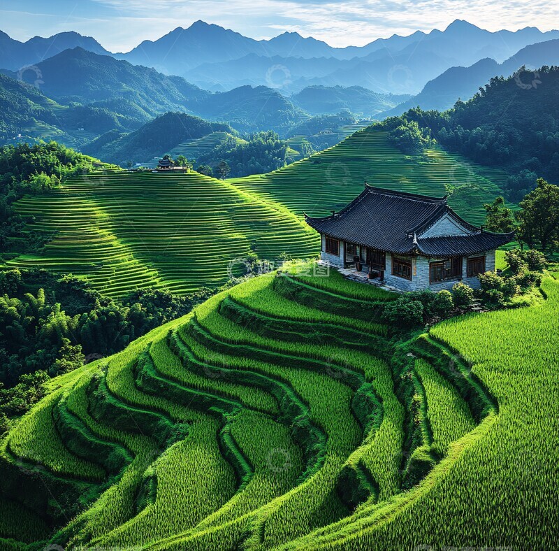 高清大图下载【趣麦麦图】梯田古屋山水