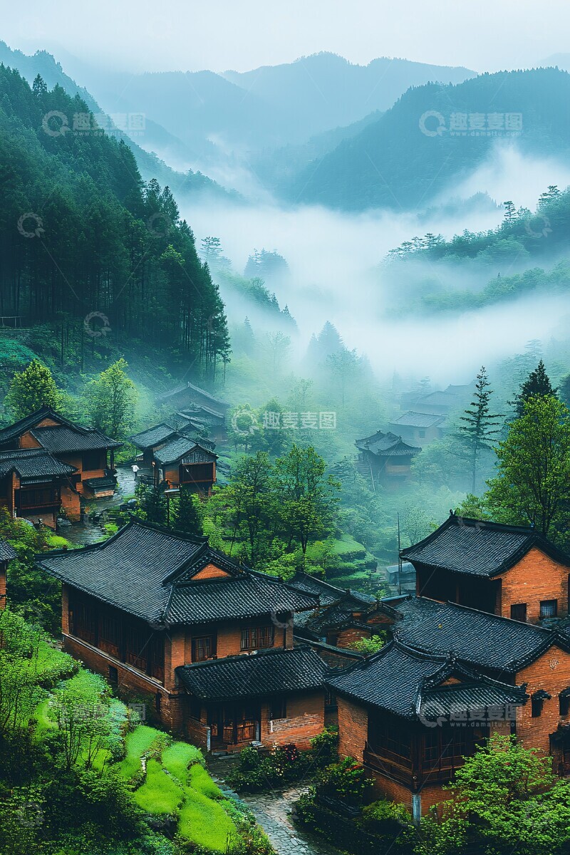 高清大图下载【趣麦麦图】青山绿雾村落2
