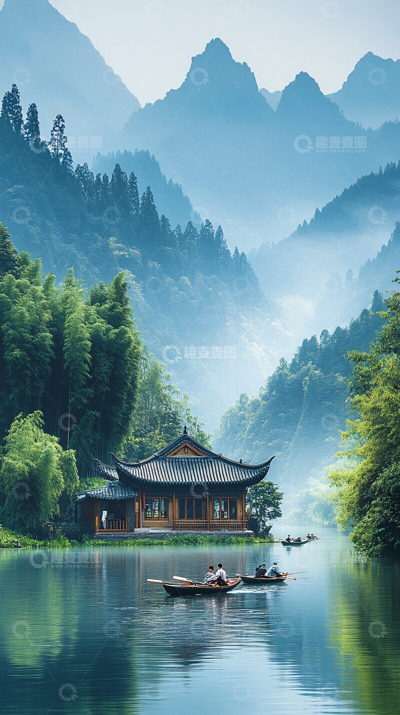 高清大图下载【趣麦麦图】稻田旁的茅屋