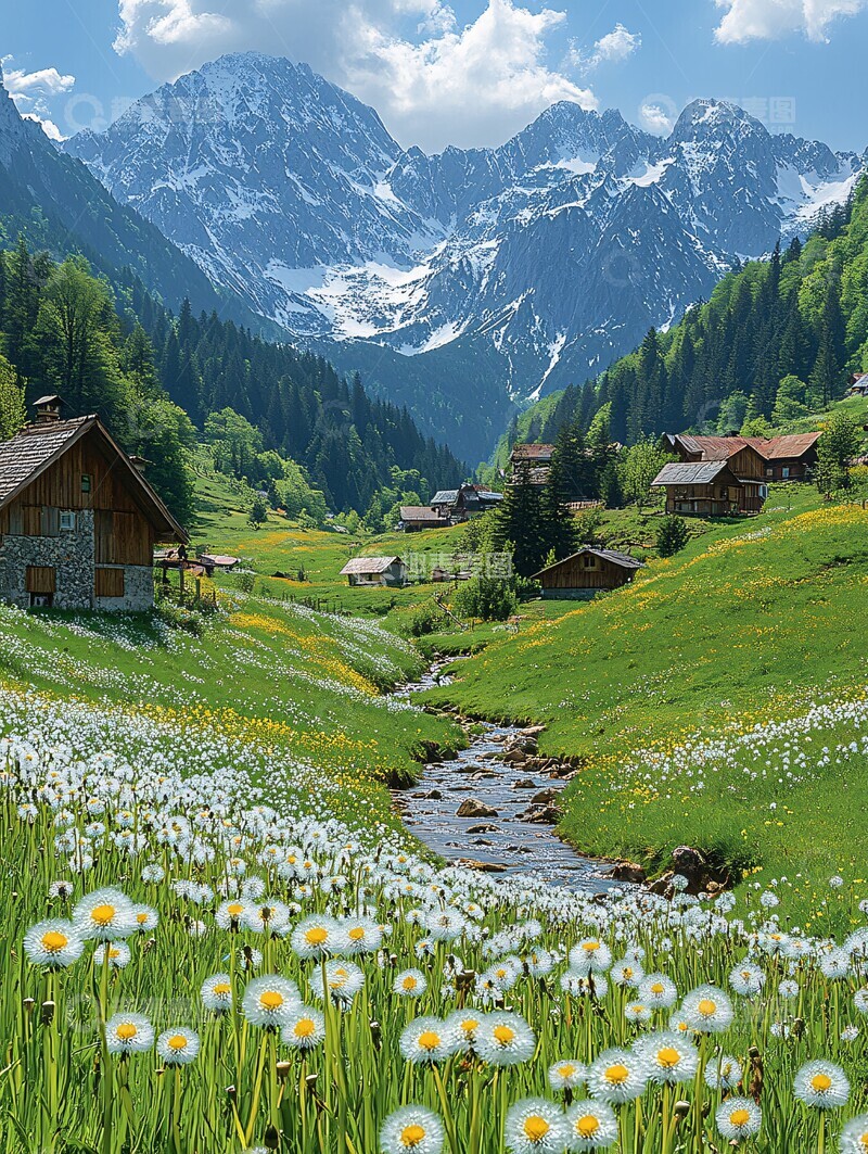 高清大图下载【趣麦麦图】蓝天白云绿山木屋1