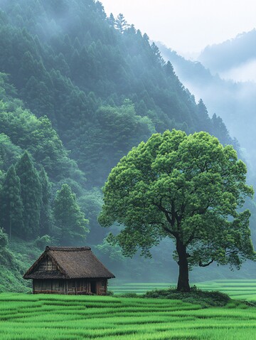 稻田茅屋山水