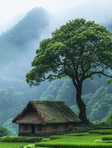 稻田茅屋山水1