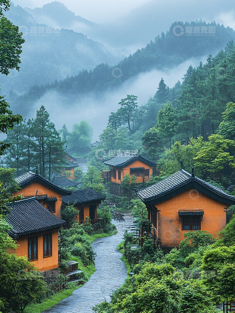 高清大图下载【趣麦麦图】雨后清晨的山村