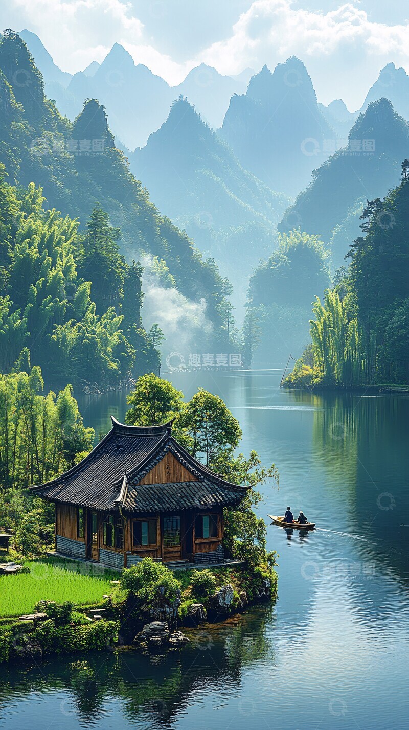 高清大图下载【趣麦麦图】稻田旁的茅屋1