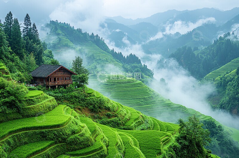 高清大图下载【趣麦麦图】梯田烟雾绿山景2