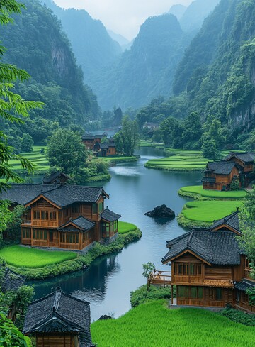 稻田环绕岛屿风光