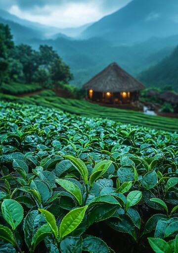 茶山远景茶山山坡绿叶