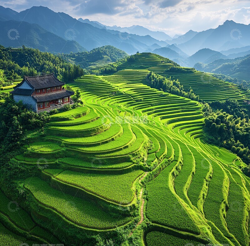 高清大图下载【趣麦麦图】梯田古屋山水1