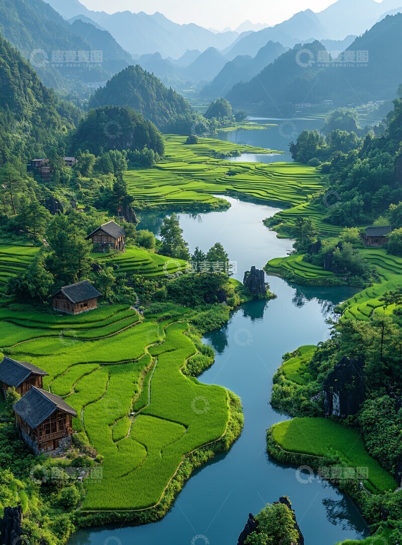 高清大图下载【趣麦麦图】稻田环绕岛屿风光1