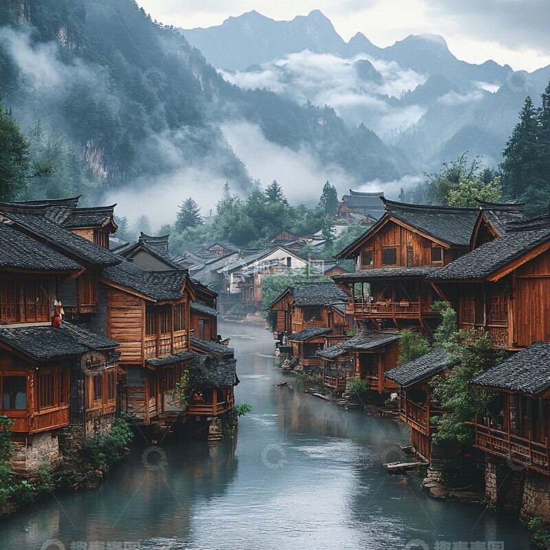 高清大图下载【趣麦麦图】木屋溪畔山雾缭绕2