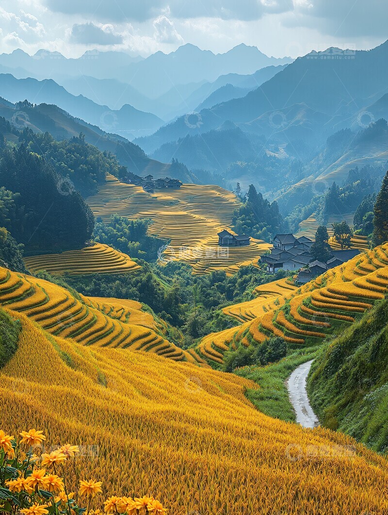 高清大图下载【趣麦麦图】-金色梯田稻浪