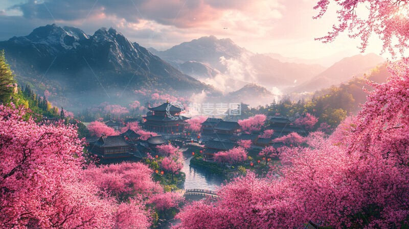 高清大图下载【趣麦麦图】樱花盛开的村庄2