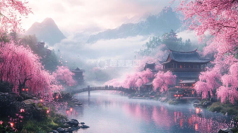 高清大图下载【趣麦麦图】樱花盛开的村庄1