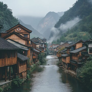 木屋溪畔山雾缭绕