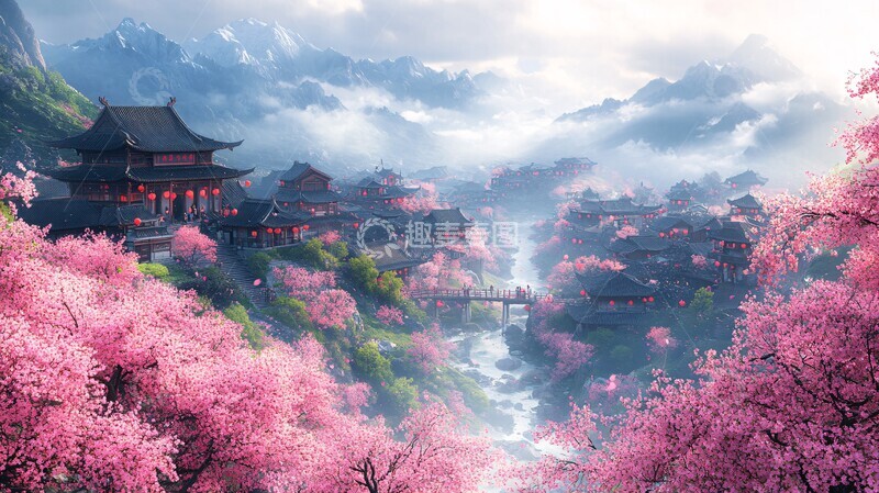高清大图下载【趣麦麦图】樱花盛开的村庄