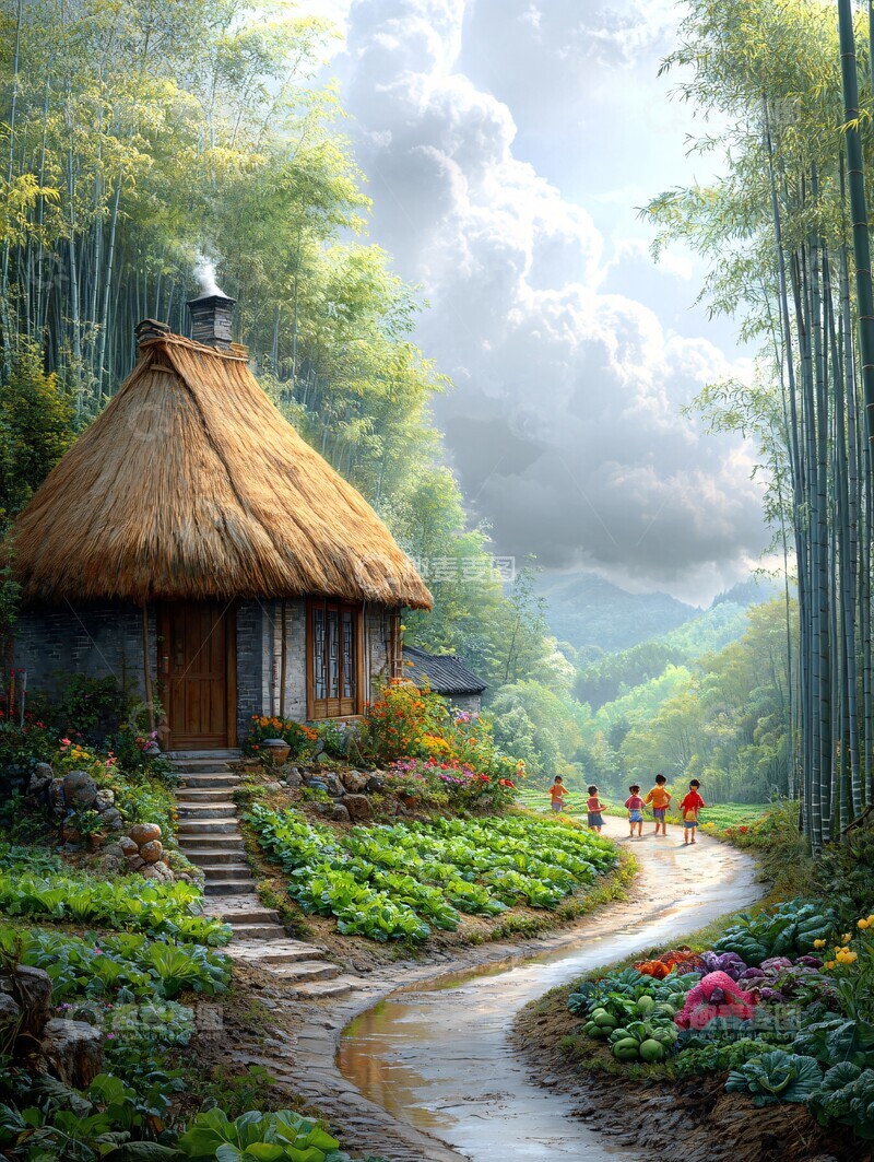 高清大图下载【趣麦麦图】竹林菜园小径嬉戏1