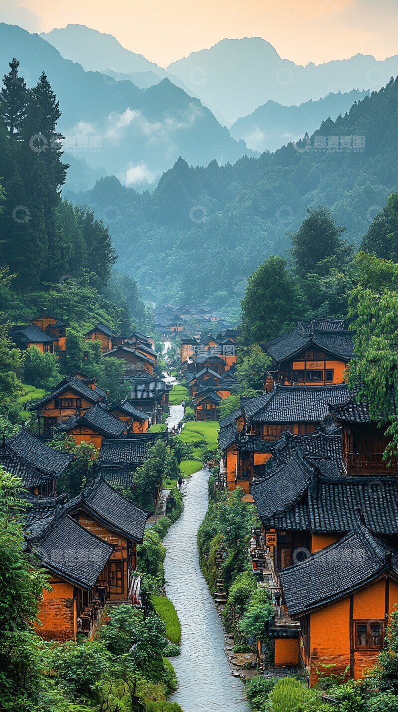 高清大图下载【趣麦麦图】村屋稻田远山1