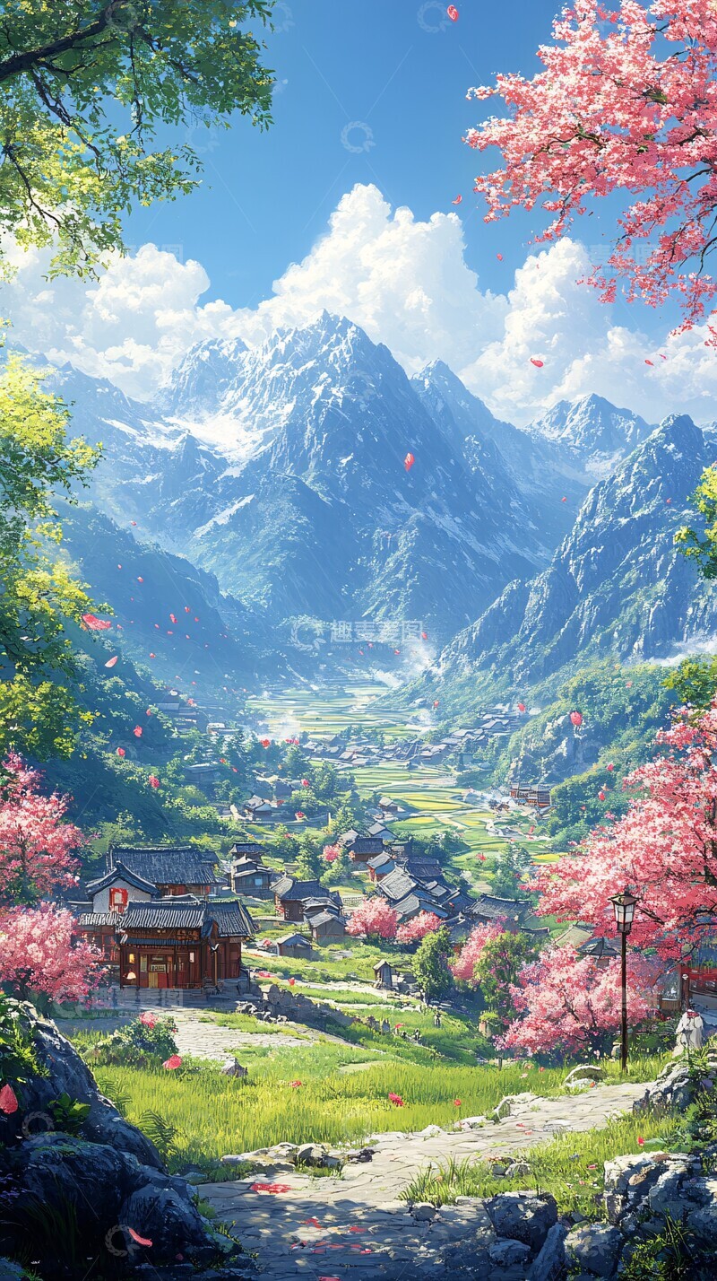高清大图下载【趣麦麦图】春日稻田村落3