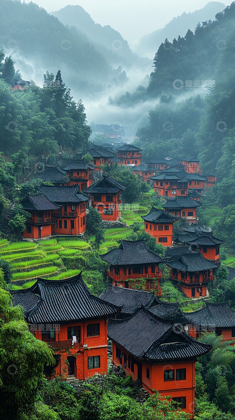 高清大图下载【趣麦麦图】村屋稻田远山