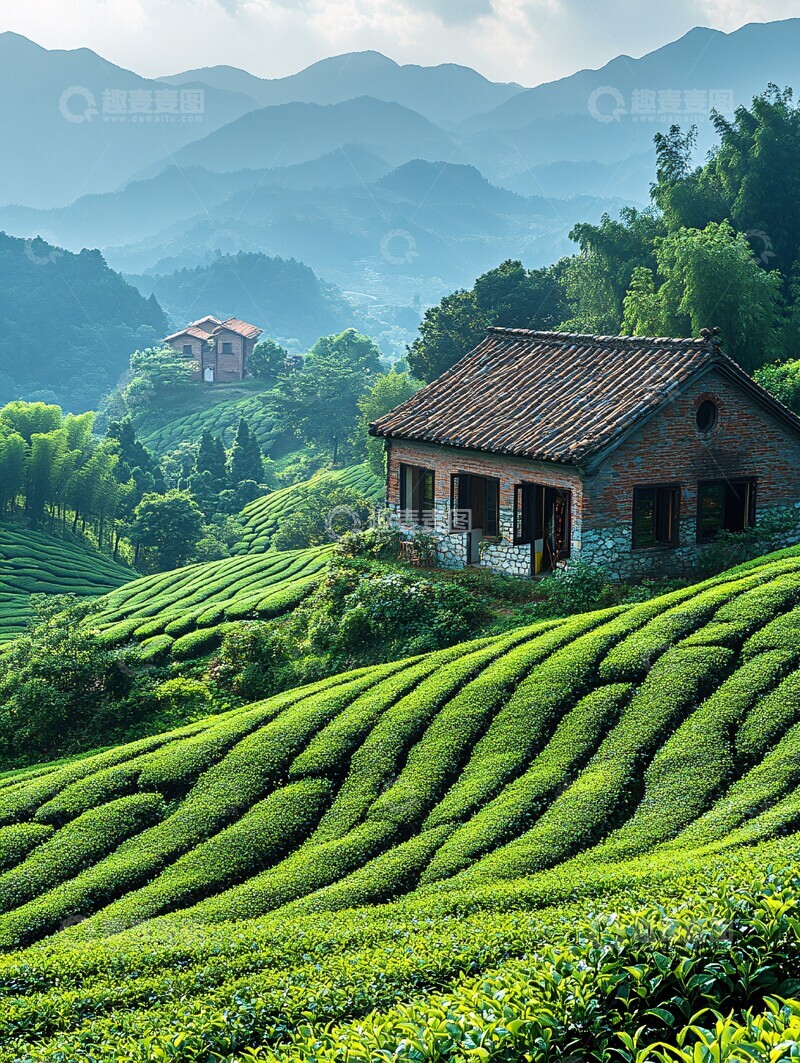 高清大图下载【趣麦麦图】茶园与山间老屋2