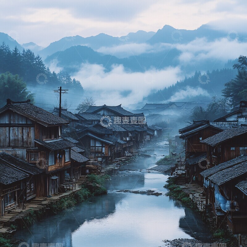 高清大图下载【趣麦麦图】木屋溪畔山雾缭绕1