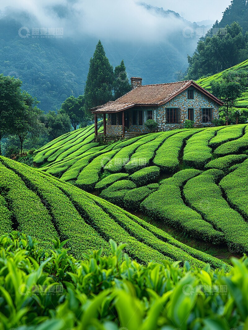 高清大图下载【趣麦麦图】-茶园与山间老屋