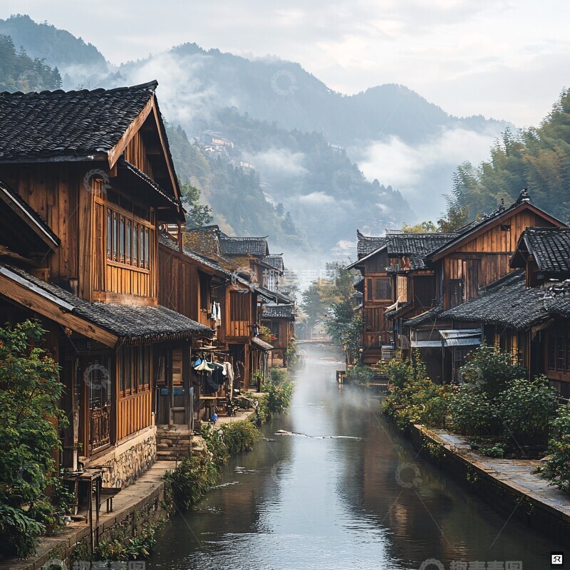 高清大图下载【趣麦麦图】木屋溪畔山雾缭绕3