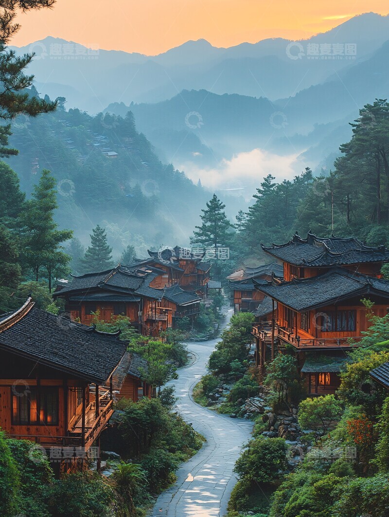 高清大图下载【趣麦麦图】山间公路与苗寨1