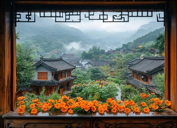 木窗石桌红椒黄花