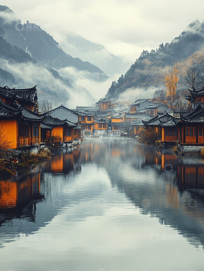 高清大图下载【趣麦麦图】古村云雾缭绕