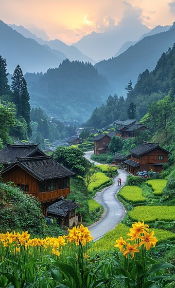 古村稻田夕阳下