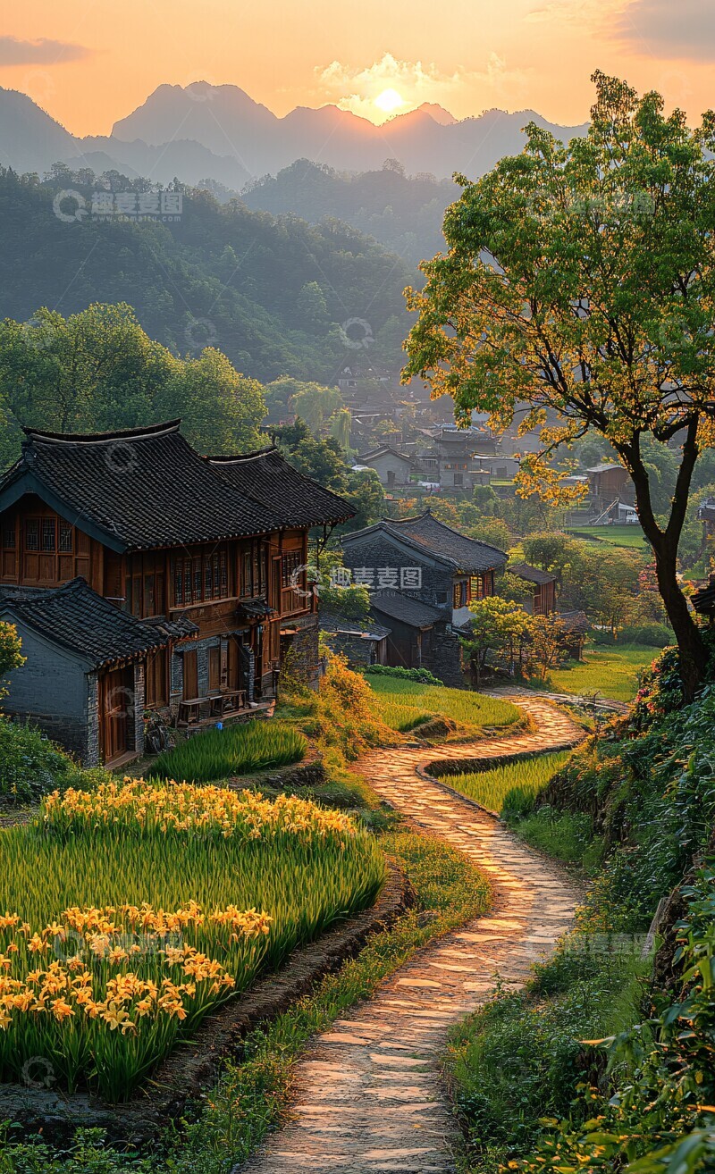 高清大图下载【趣麦麦图】古村稻田夕阳下2