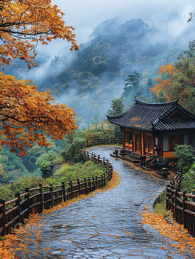 高清大图下载【趣麦麦图】曲径通幽枫叶红2