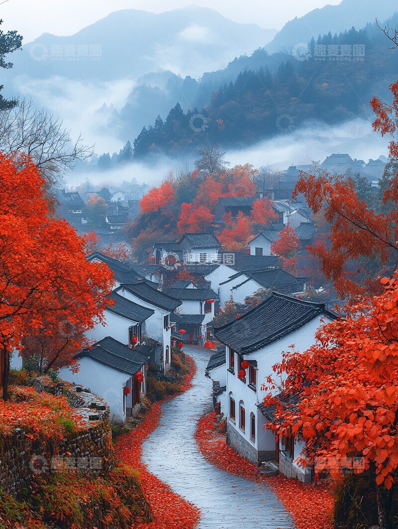 高清大图下载【趣麦麦图】红枫白墙黑瓦村1