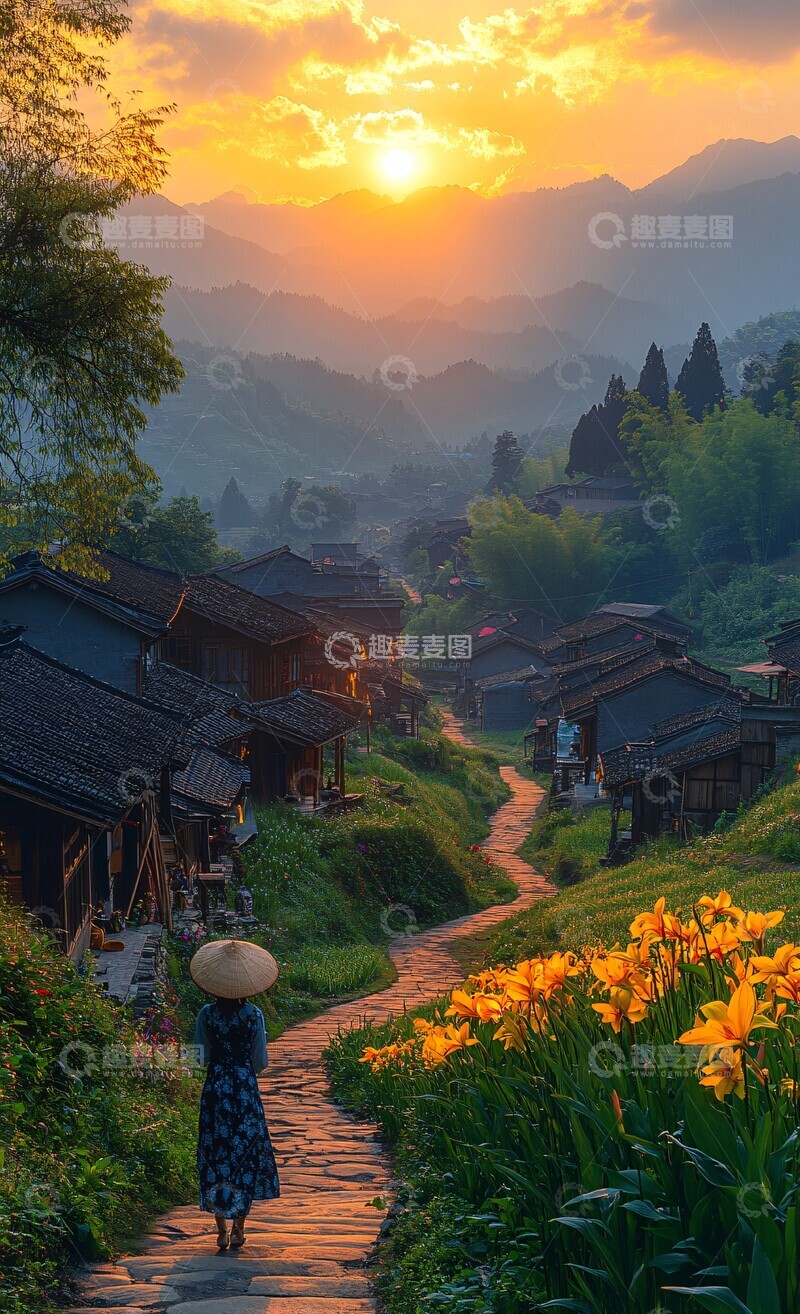 高清大图下载【趣麦麦图】古村稻田夕阳下1