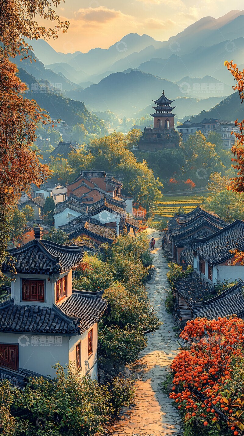 高清大图下载【趣麦麦图】秋日山村晨光1