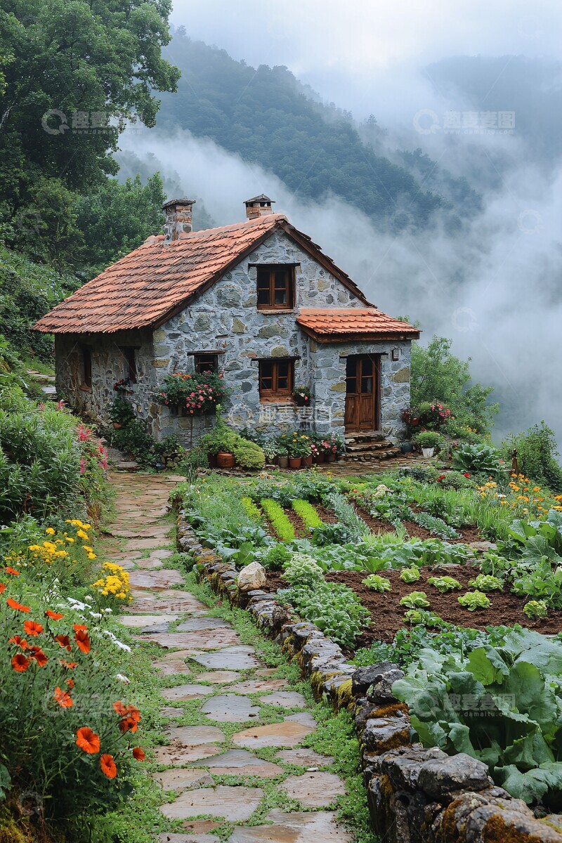 高清大图下载【趣麦麦图】山间石屋小园景2