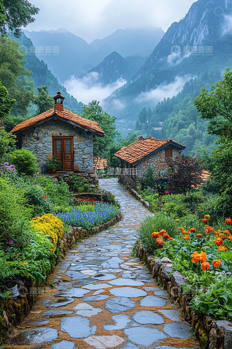 高清大图下载【趣麦麦图】山间石屋小园景