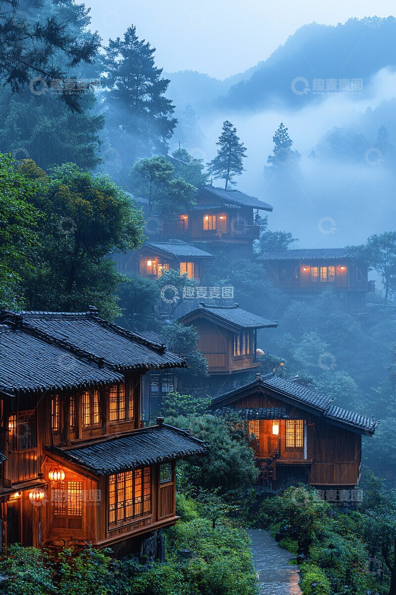 高清大图下载【趣麦麦图】雾山晨光小屋1