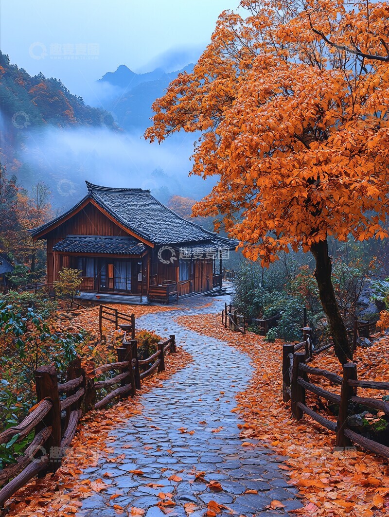 高清大图下载【趣麦麦图】曲径通幽枫叶红1