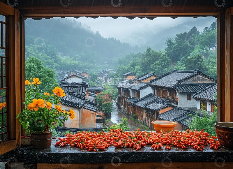 高清大图下载【趣麦麦图】-木窗石桌红椒黄花2