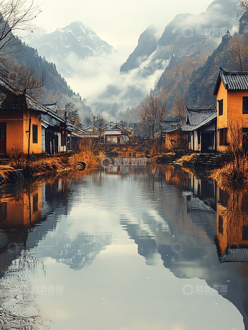 高清大图下载【趣麦麦图】古村云雾缭绕1